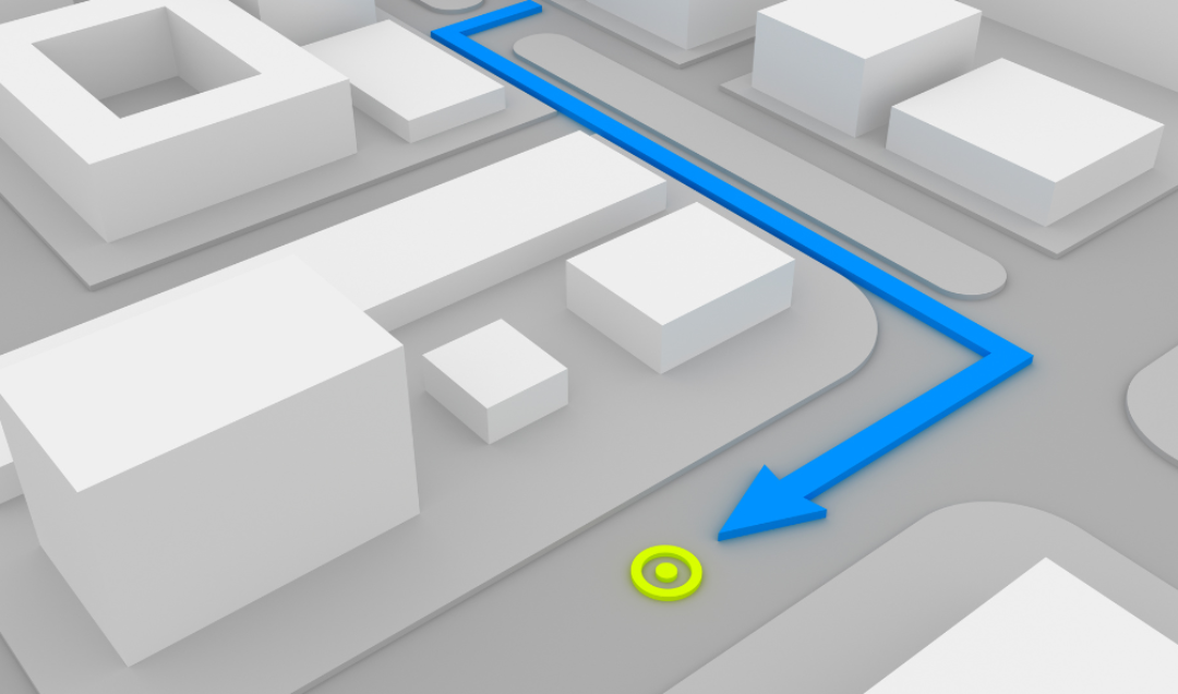 Uma cidade representada por retângulos cinzas. Uma linha azul que representa uma rota corta as ruas da cidade até chegar em um determinado local marcado por um círculo amarelo.