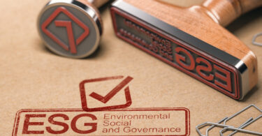 Um carimbo de borracha com as palavras ESG - ambiental, social e governamental.