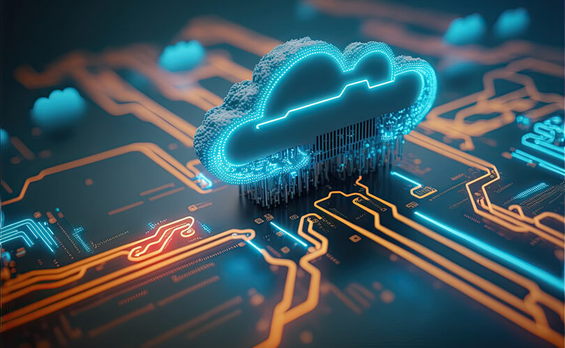 Nuvem flutuando em cima de uma placa de circuito, representando cloud computing e migração para a nuvem.
