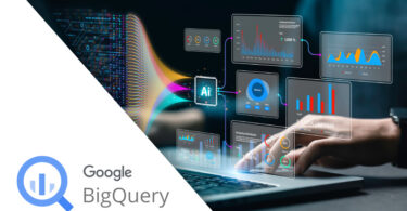 Pessoa analisando dados em um notebook com ilustrações de gráficos, que simbolizam a funçao do BigQuery. Logotipo Google BigQuery.