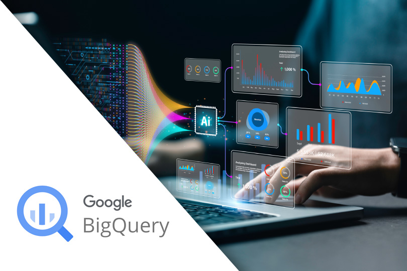 Pessoa analisando dados em um notebook com ilustrações de gráficos, que simbolizam a funçao do BigQuery. Logotipo Google BigQuery.