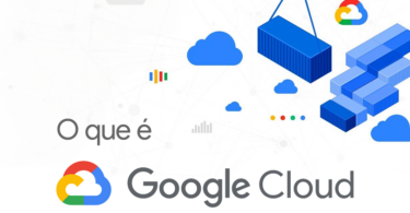 Um fundo branco com uma caixa azul e nuvens. A imagem representa a nuvem do Google e contém o texto "O que é Google Cloud".