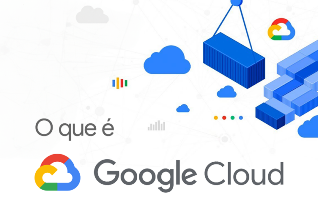 Um fundo branco com uma caixa azul e nuvens. A imagem representa a nuvem do Google e contém o texto "O que é Google Cloud".