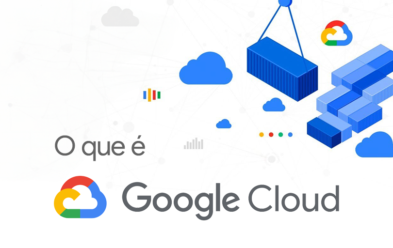 Um fundo branco com uma caixa azul e nuvens. A imagem representa a nuvem do Google e contém o texto "O que é Google Cloud".