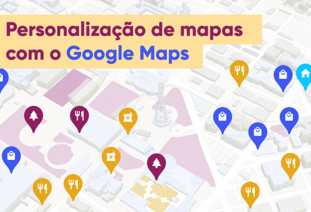Um mapa com vários locais diferentes simbolizados por marcadores personalizados do Google Maps. Representa a possibilidade de personalizar mapas.