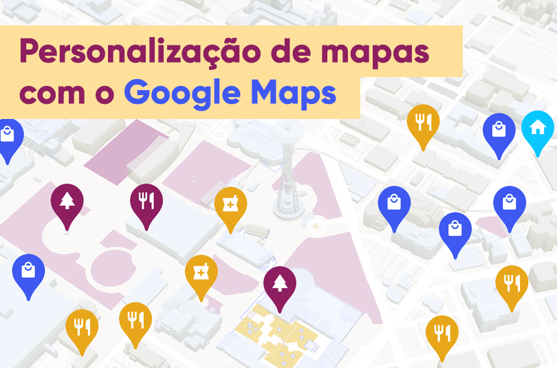 Um mapa com vários locais diferentes simbolizados por marcadores personalizados do Google Maps. Representa a possibilidade de personalizar mapas.