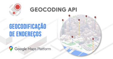 Um mapa de uma cidade com pontos vermelhos. A arte conta com o texto de acompanhamento " Geocoding API - Geocodificação de endereços."