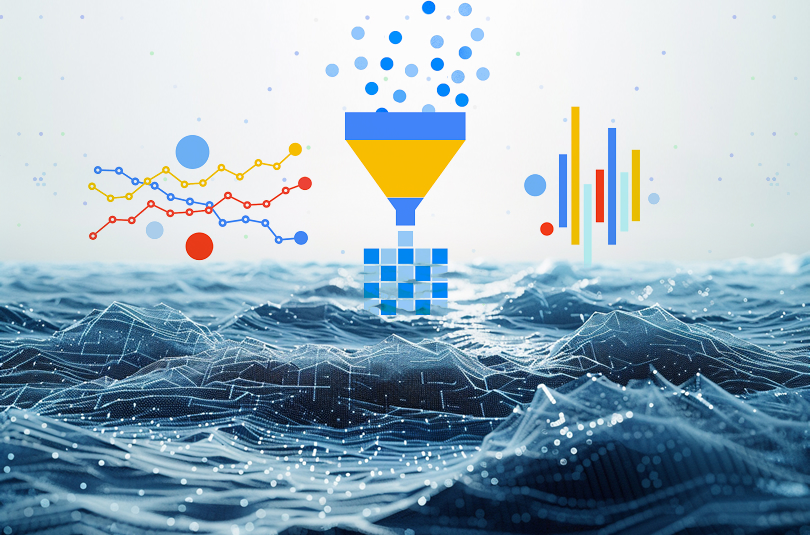 Um vaso azul e amarelo em cima de um corpo de água, o que representa a tradução literal de data lake.
