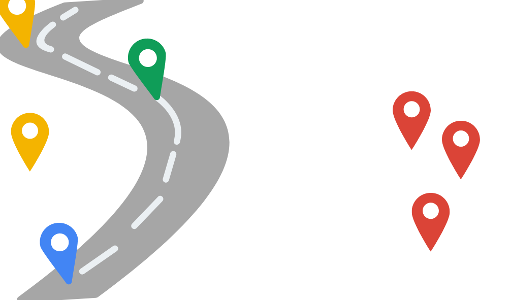 O desenho de uma estrada com curvas aparece na margem esquerda. A estrada está com marcações representando os lugares de parada, e mais três marcações vermelhas aparecem do lado direito.