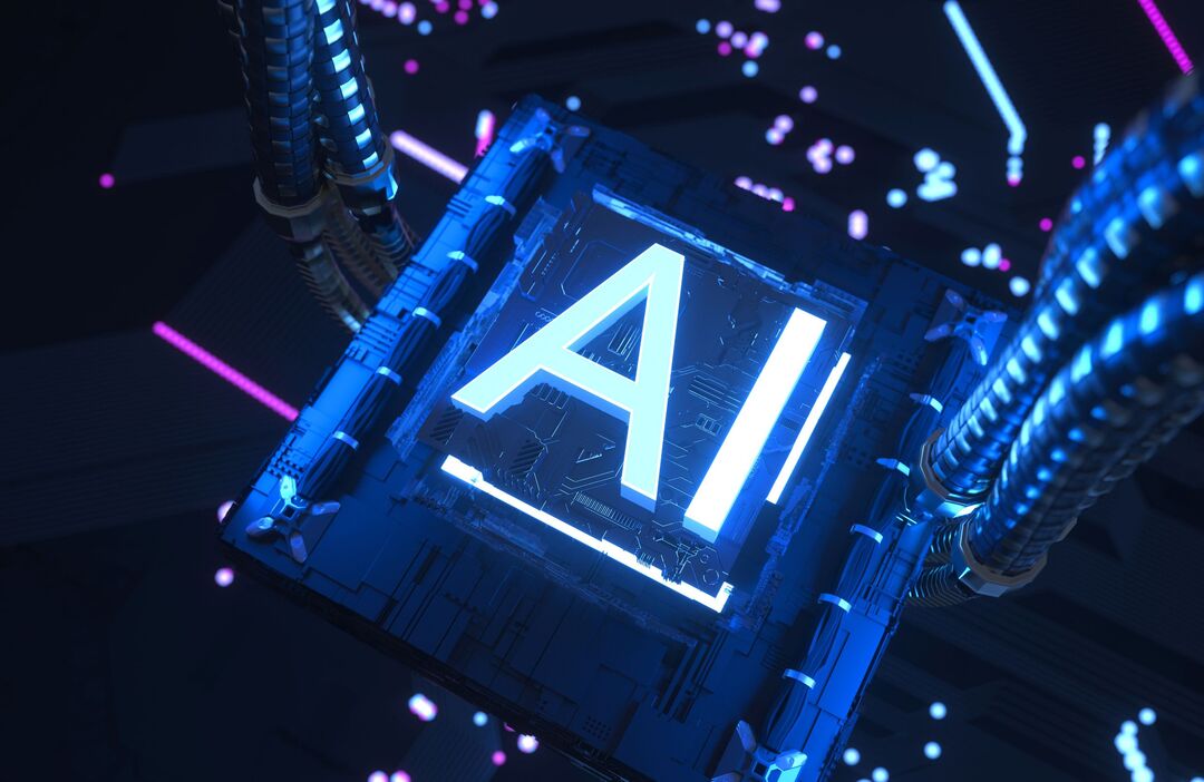 Cabos ligados a uma placa-mãe preta com leds azuis. Ao centro, a inscrição "AI" fazendo referência a Inteligência Artificial.